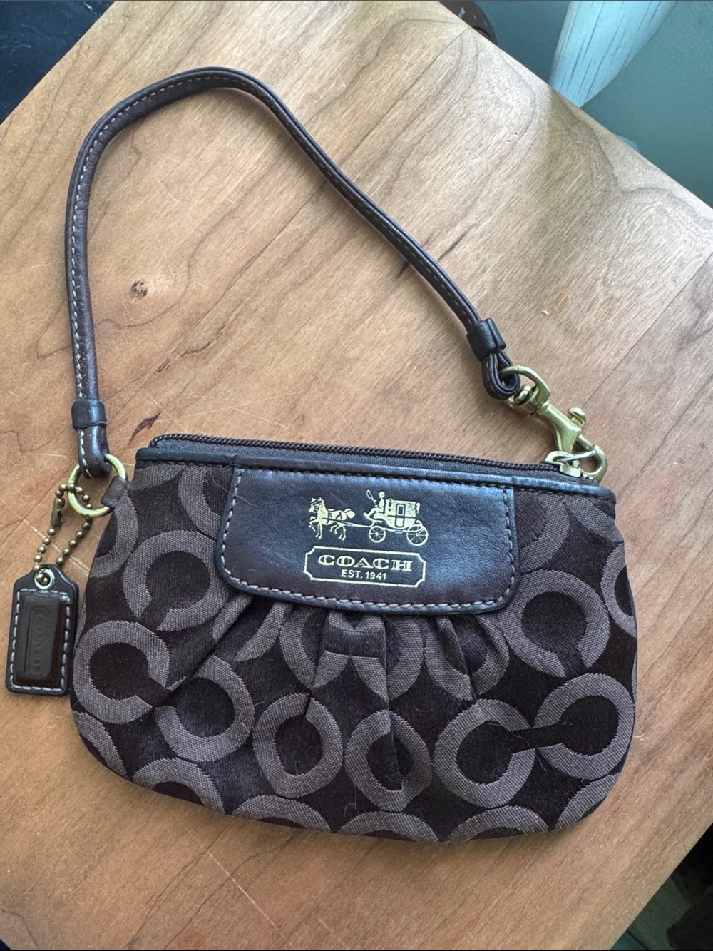 Coach Brown Signature Jacquard Wristlet with Gold Hardware (Vintage 2007)